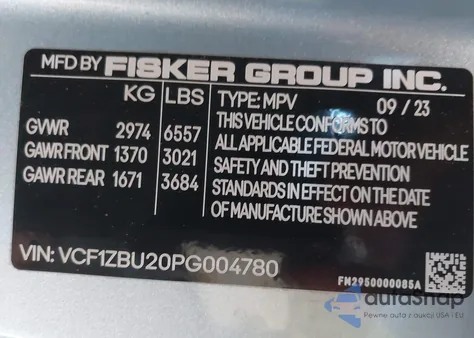 2023 Fisker Ocean One from USA, damaged, VIN VCF1ZBU20PG004780